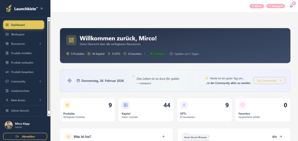 Dashboard der Launchkiste™