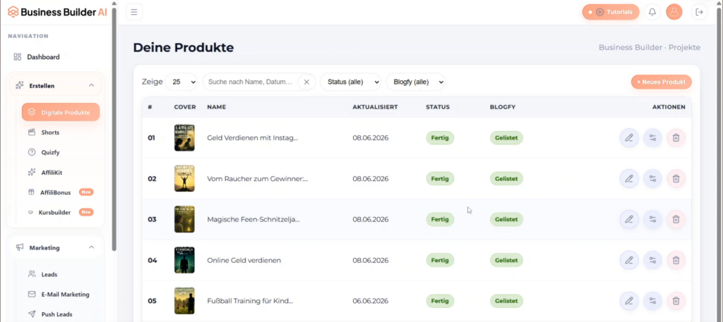 Dashboard vom Business Builder AI