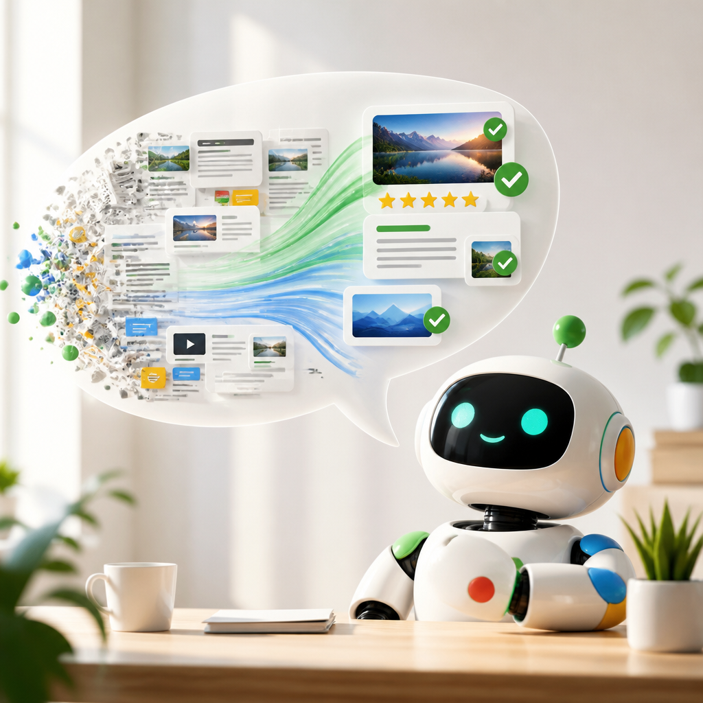 Ein Roboter mit einer Blase mit erfolgreichen SEO-Webseiten.