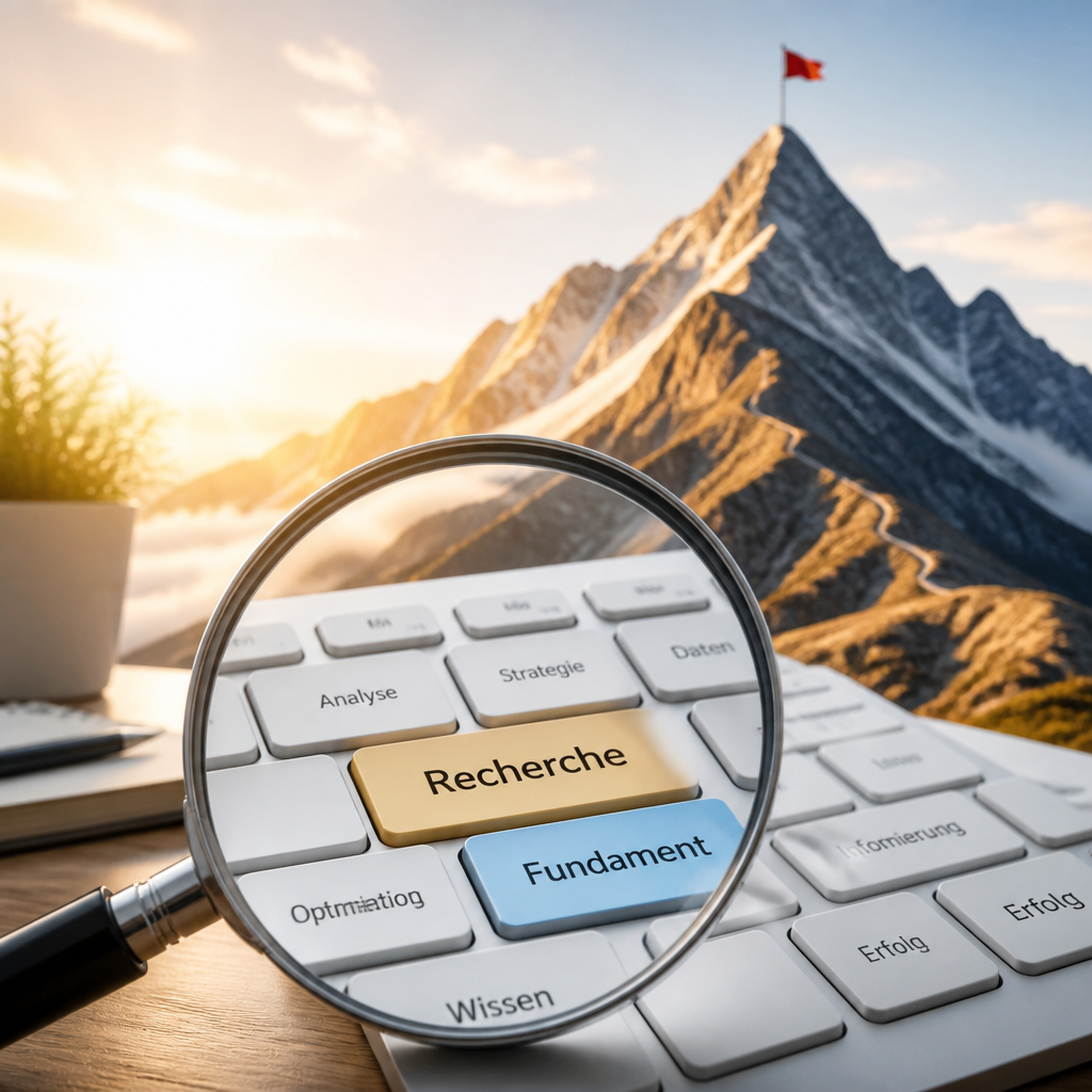 Eine Tastatur unter einer Lupe die SEO vergrößert.