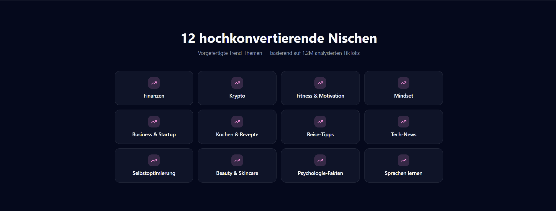 Nischen Videos die du mit TikPoster erstellen kannst.