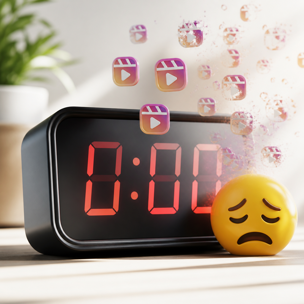 Eine Uhr die Null anzeigt und davor ein trauriger Emoji.