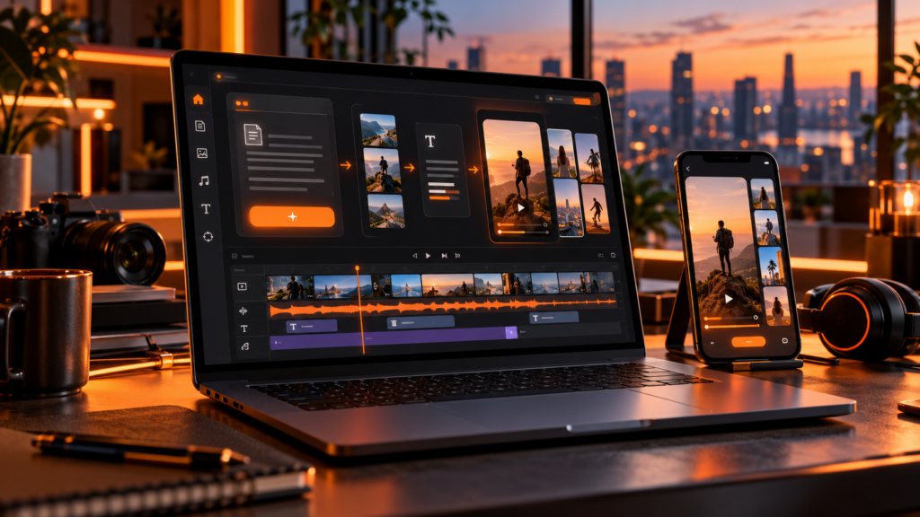 Vidyra Software zur KI-gestützten Erstellung von Social-Media-Videos auf Laptop und Smartphone