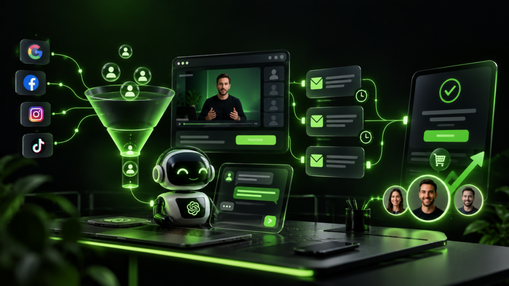 Automatisierter Webbyloop Verkaufstrichter mit Social-Media-Traffic, KI-Webinar, Chatbot und E-Mail-Automatisierung