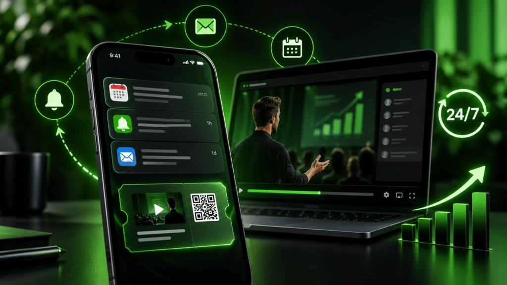 Webbyloop Webinar-Erinnerungen auf dem Smartphone mit digitalem Ticket, automatisiertem Webinar und 24/7-Verkaufsprozess